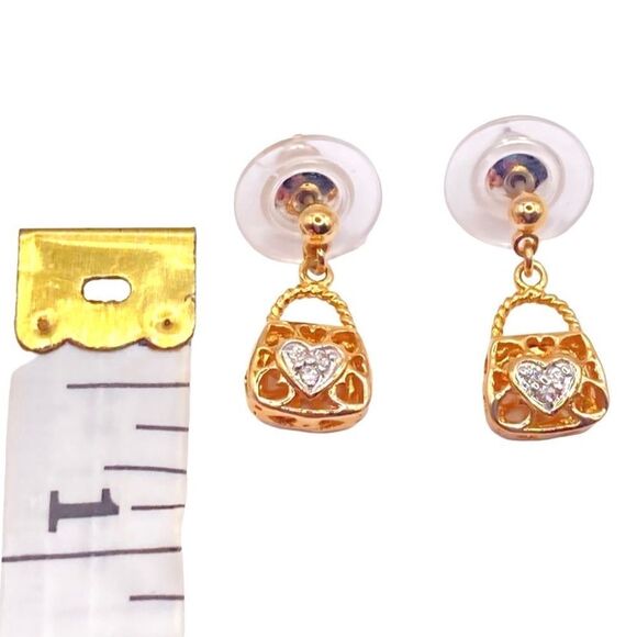 Dainty gold CZ heart purse dangle post earrings - Picture 4 of 4